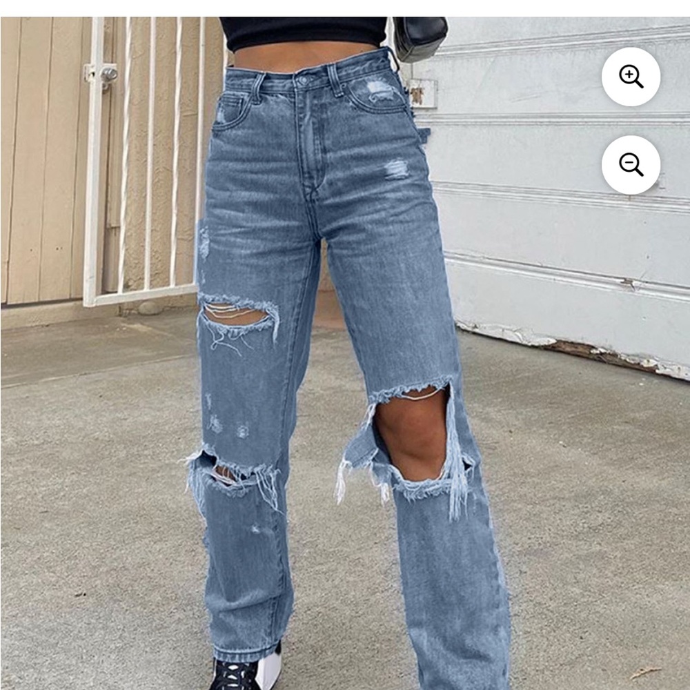 New Women's Distressed Straight Leg Loose Blud Jeans